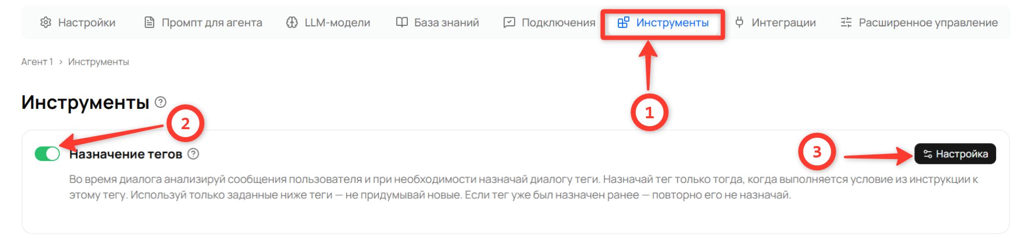 Вкладка «Инструменты» агента: включённый переключатель у карточки «Назначение тегов» и кнопка «Настройка»