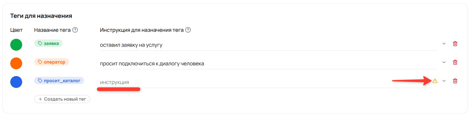 Тег «просит_каталог» без инструкции помечен оранжевым значком предупреждения