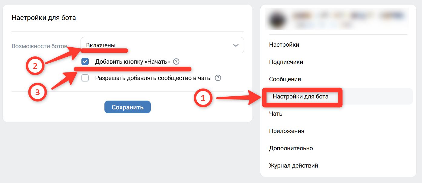 Включение возможностей ботов и кнопки «Начать»